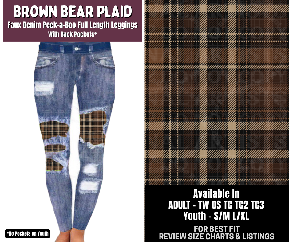 Preorder! Closes 9/14. ETA Dec. Brown Bear Plaid Full Length Faux Denim Peekaboo