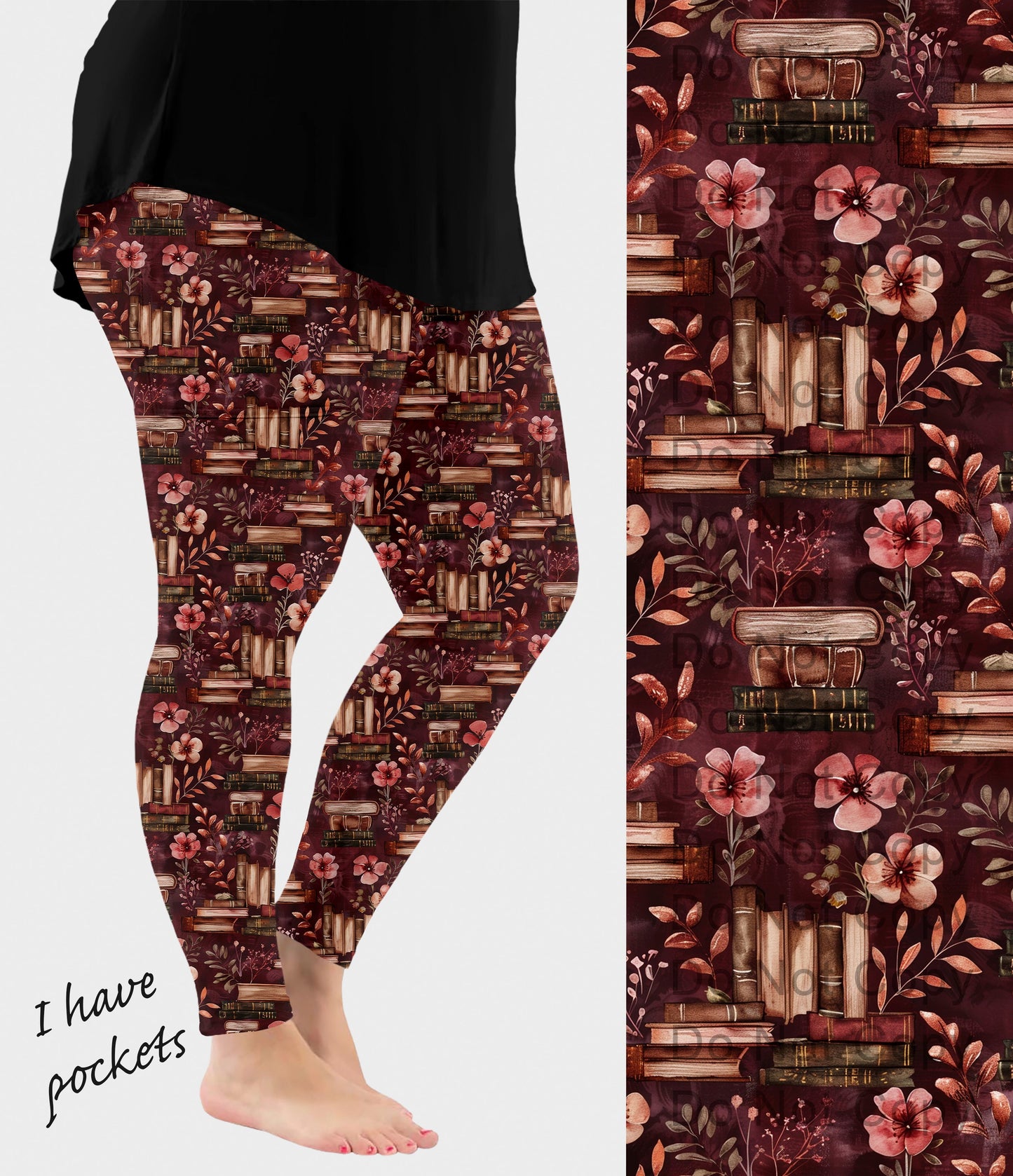 RTS - Burgundy Books Leggings w/ Pockets