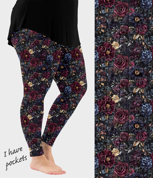 RTS - Burgundy Blooms Leggings w/ Pockets