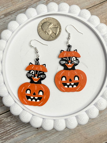 Vintage Pumpkin Cat- 3D Printed Earrings - Halloween