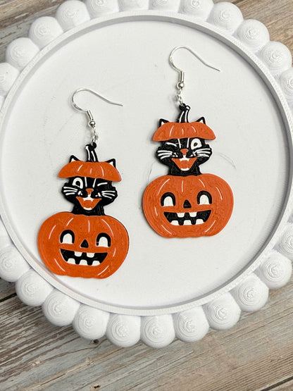 Vintage Pumpkin Cat- 3D Printed Earrings - Halloween
