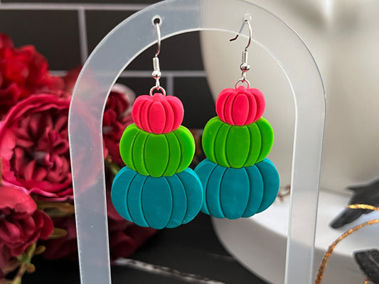 Bright Stacked Pumpkins Spooky Hook Earrings- G