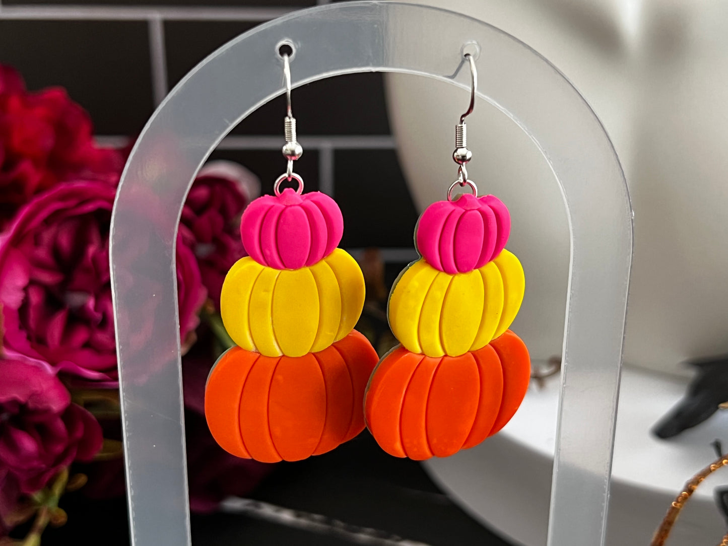 Bright Stacked Pumpkins Spooky Hook Earrings- D