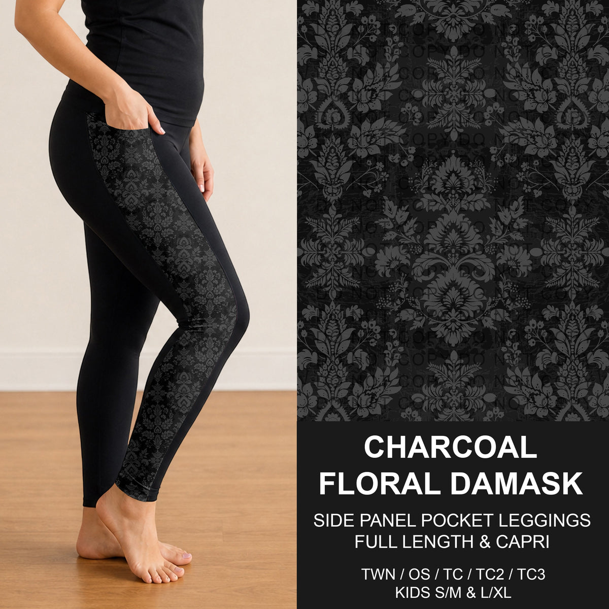 B317 - Preorder Charcoal Floral Damask Side Panel Pocket Leggings (Closes 10/18. ETA: late Dec.)