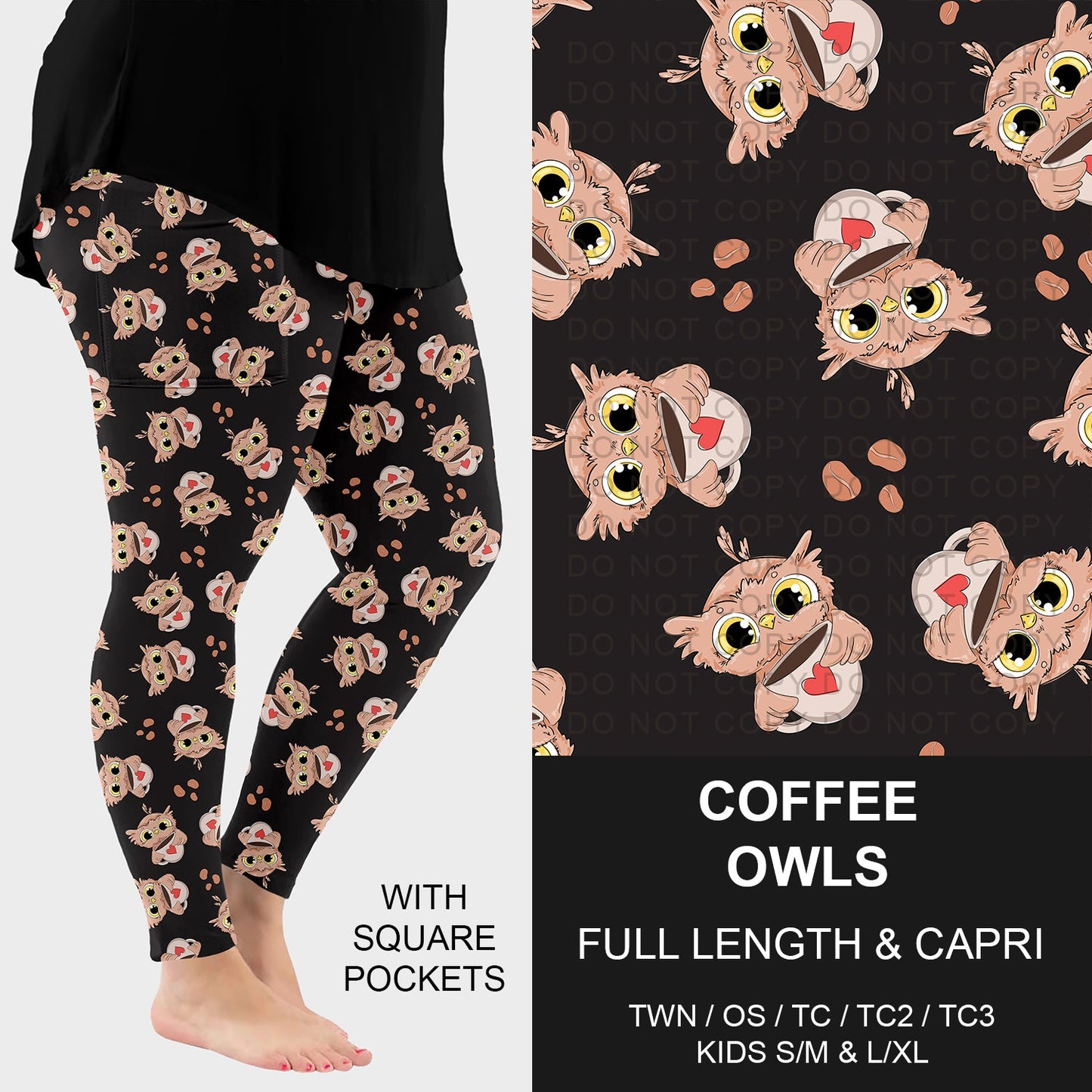 B296 - Preorder Coffee Owls Leggings w/ Pockets (Closes 6/21. ETA: late Aug.)
