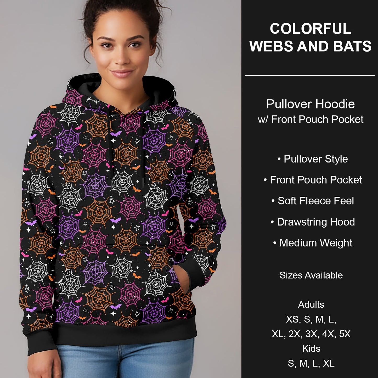 B297 - Preorder Colorful Webs and Bats Pullover Hoodie (Closes 6/28. ETA early Sept.)