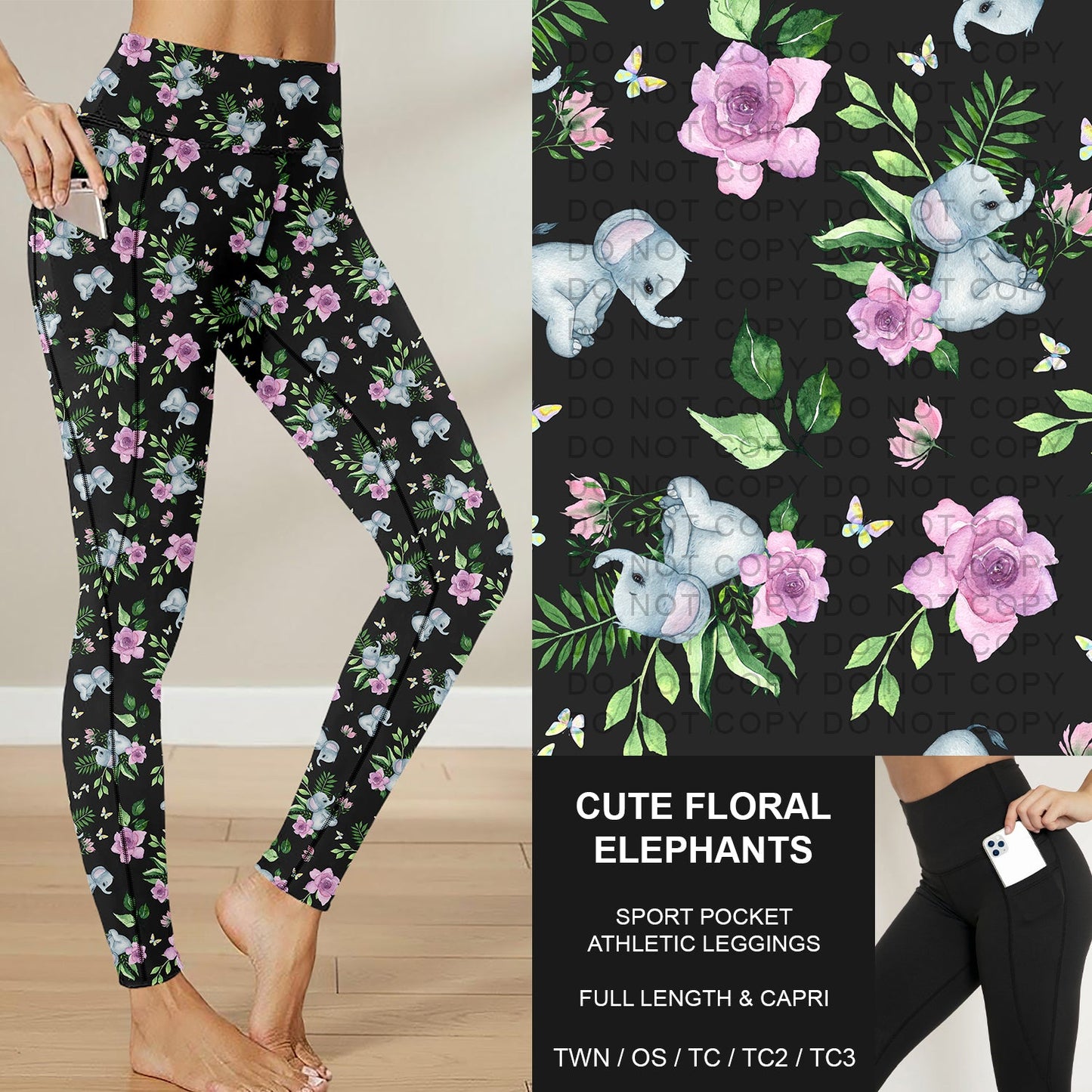 B283 - Preorder Cute Floral Elephants Sport Pocket Leggings (Closes 4/05. ETA: mid June)