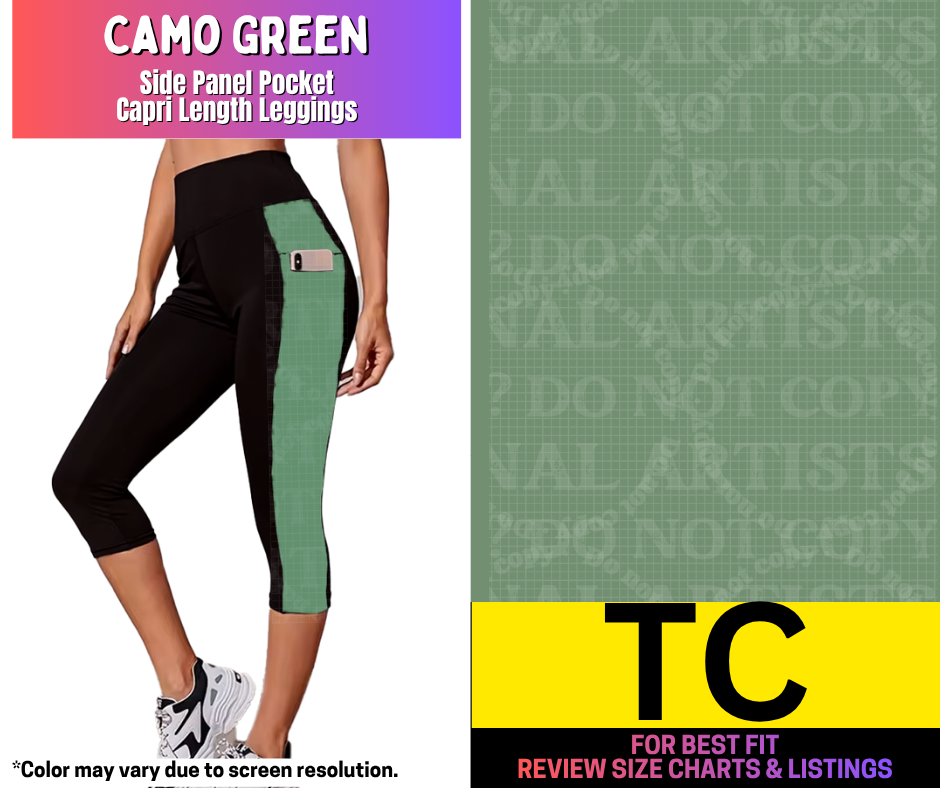 Camo Green Side Panel Pocket Capri Length Leggings