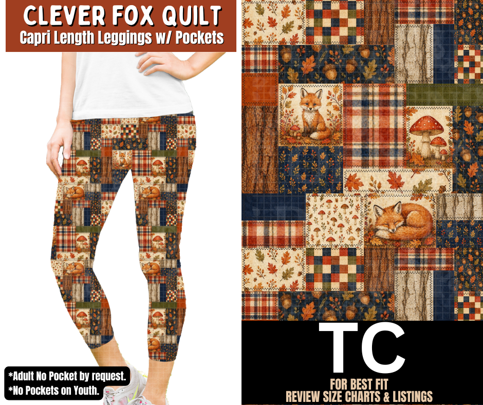 Clever Fox Quilt Capri Length Leggings w/ Pockets