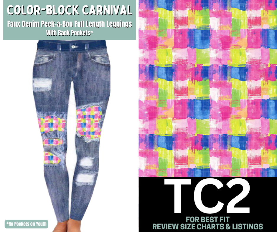 Color-Block Carnival Faux Denim Full Length Peekaboo Leggings