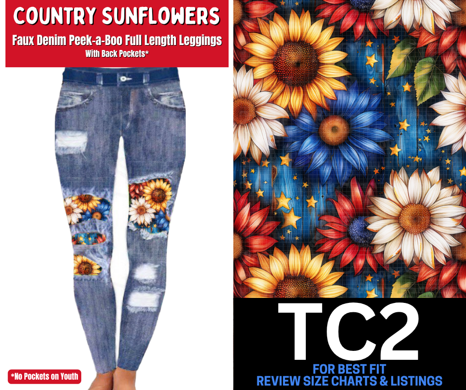 Country Sunflowers Faux Denim Full Length Peekaboo Leggings