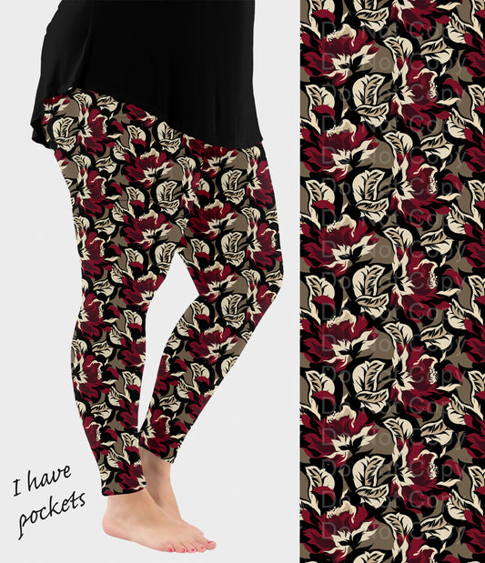 RTS - Crimson Blooms Leggings w/ Pockets