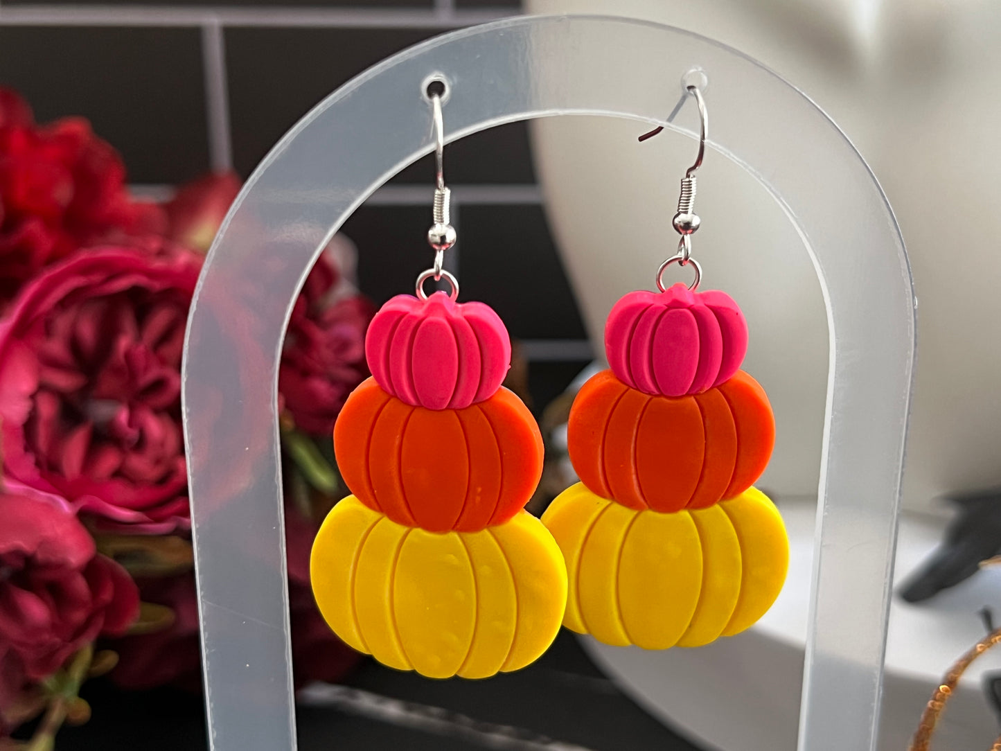 Bright Stacked Pumpkins Spooky Hook Earrings- B