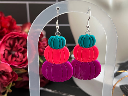 Bright Stacked Pumpkins Spooky Hook Earrings- F