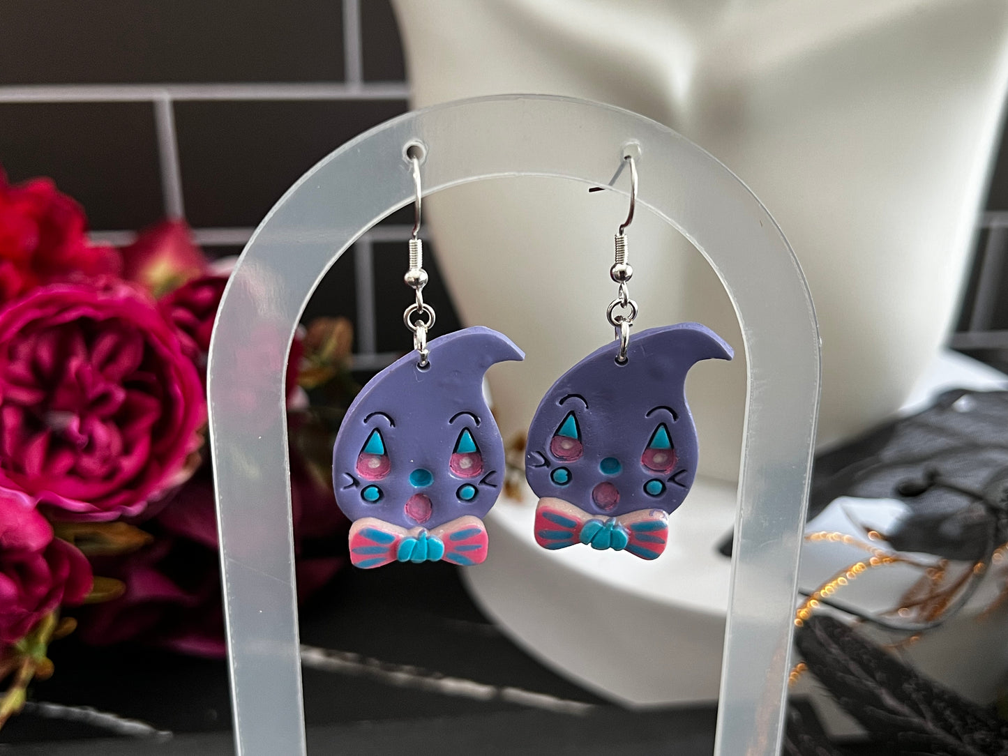 Retro Bowtie Ghosties Spooky Hook Earrings- Purple