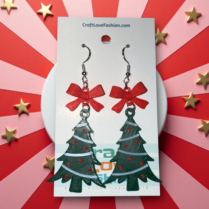 Christmas Tree with Bow- 3D Printed Earrings - Christmas