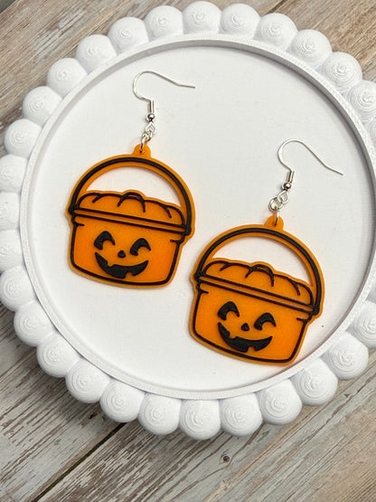 Pumpkin Bucket- 3D Printed Earrings - Halloween