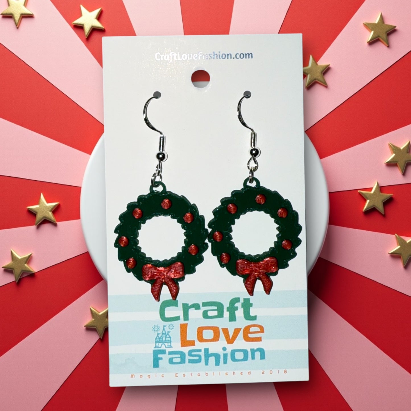 Wreath- 3D Printed Earrings - Christmas