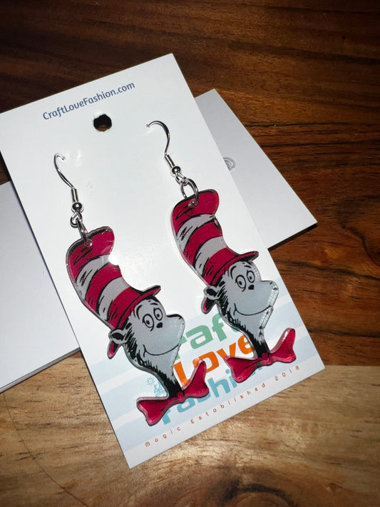 Cat with the Hat- Acrylic Earrings- Read