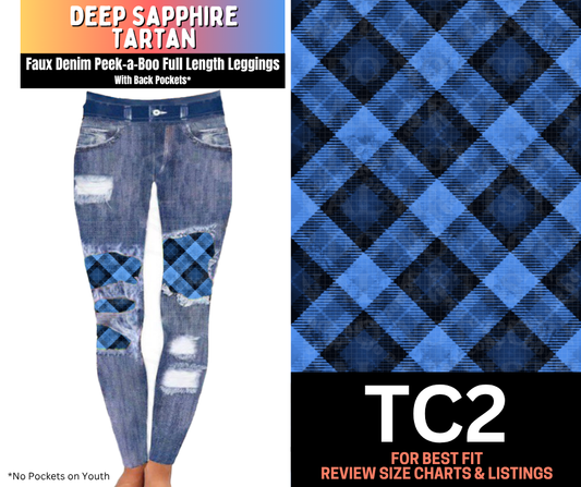 Deep Sapphire Tartan Faux Denim Full Length Peekaboo Leggings