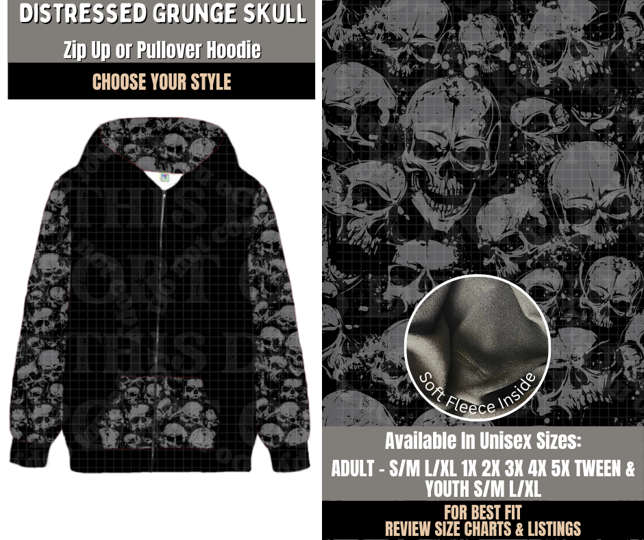 Preorder! Closes 10/28. ETA Jan. Distressed Grunge Skulls Zip-Up or Pullover Hoodie