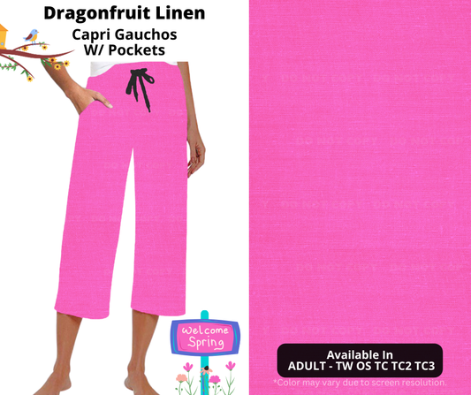 Preorder! Closes 1/8. ETA April. Dragonfruit Linen Capri Gauchos