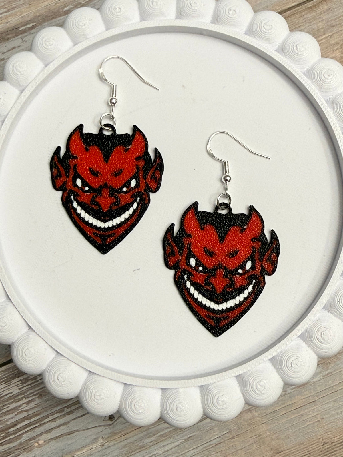 Vintage Grinning Red Devil- 3D Printed Earrings - Halloween