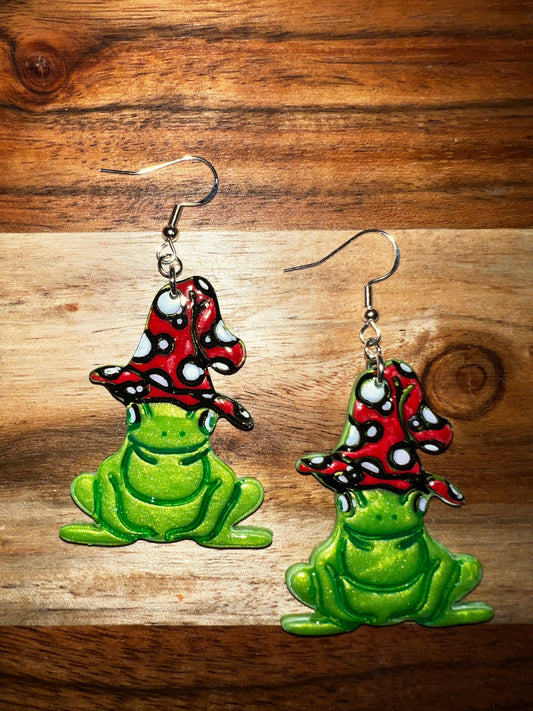 Mystic Mushroom Frog-  Hook Earring