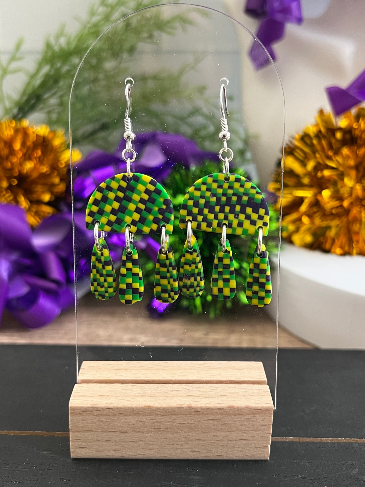 Checkered Dangle- Mardi Gras- Hook Earring