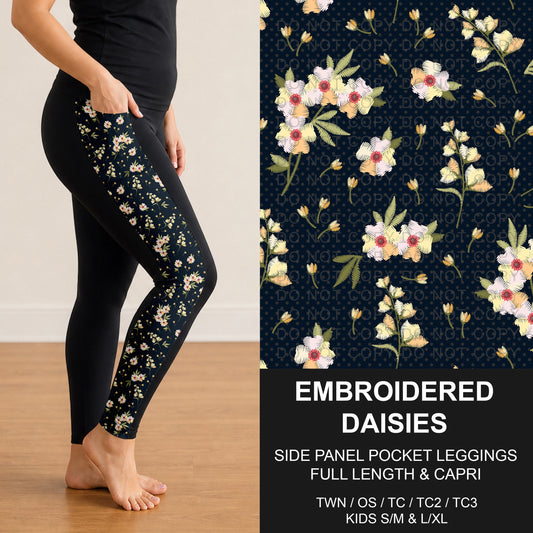B318 - Preorder Embroidered Daisies Side Panel Pocket Leggings (Closes 10/25. ETA: late Dec.)