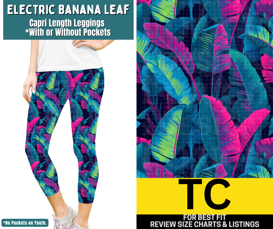 Electric Banana Leaf Capri Length Leggings w/ Pockets