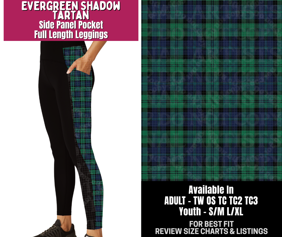Preorder! Closes 8/6. ETA Nov. Evergreen Shadow Tartan Side Panel Pocket Full Length Leggings