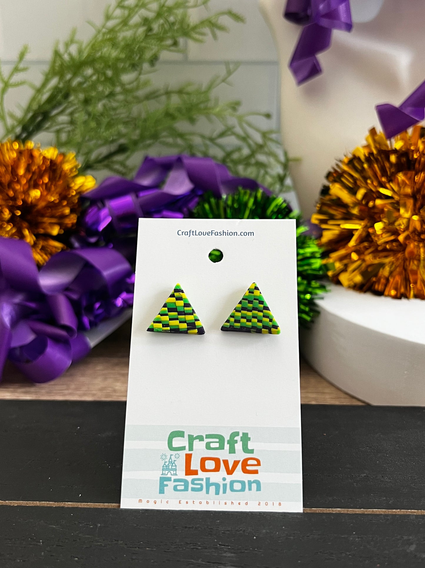 Checkered Triangle- Mardi Gras- Stud Earring