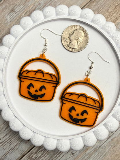 Pumpkin Bucket- 3D Printed Earrings - Halloween