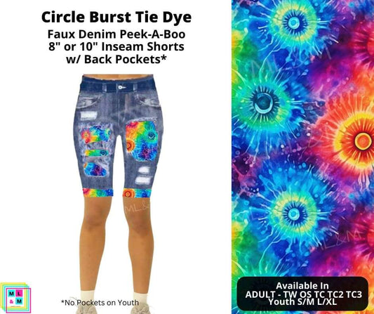 Circle Burst Tie Dye Faux Denim Shorts w/ Pockets