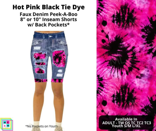 Hot Pink Black Tie Dye Faux Denim Shorts w/ Back Pockets