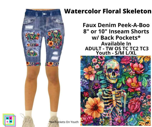 Watercolor Floral Skeleton Faux Denim Shorts w/ Back Pockets