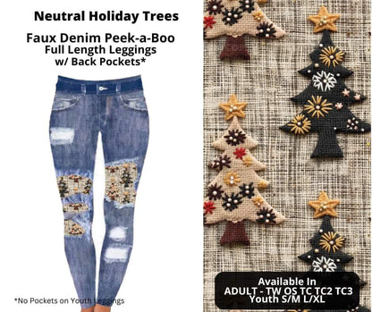 Neutral Holiday Trees Faux Denim Full Length Peekaboo Leggings