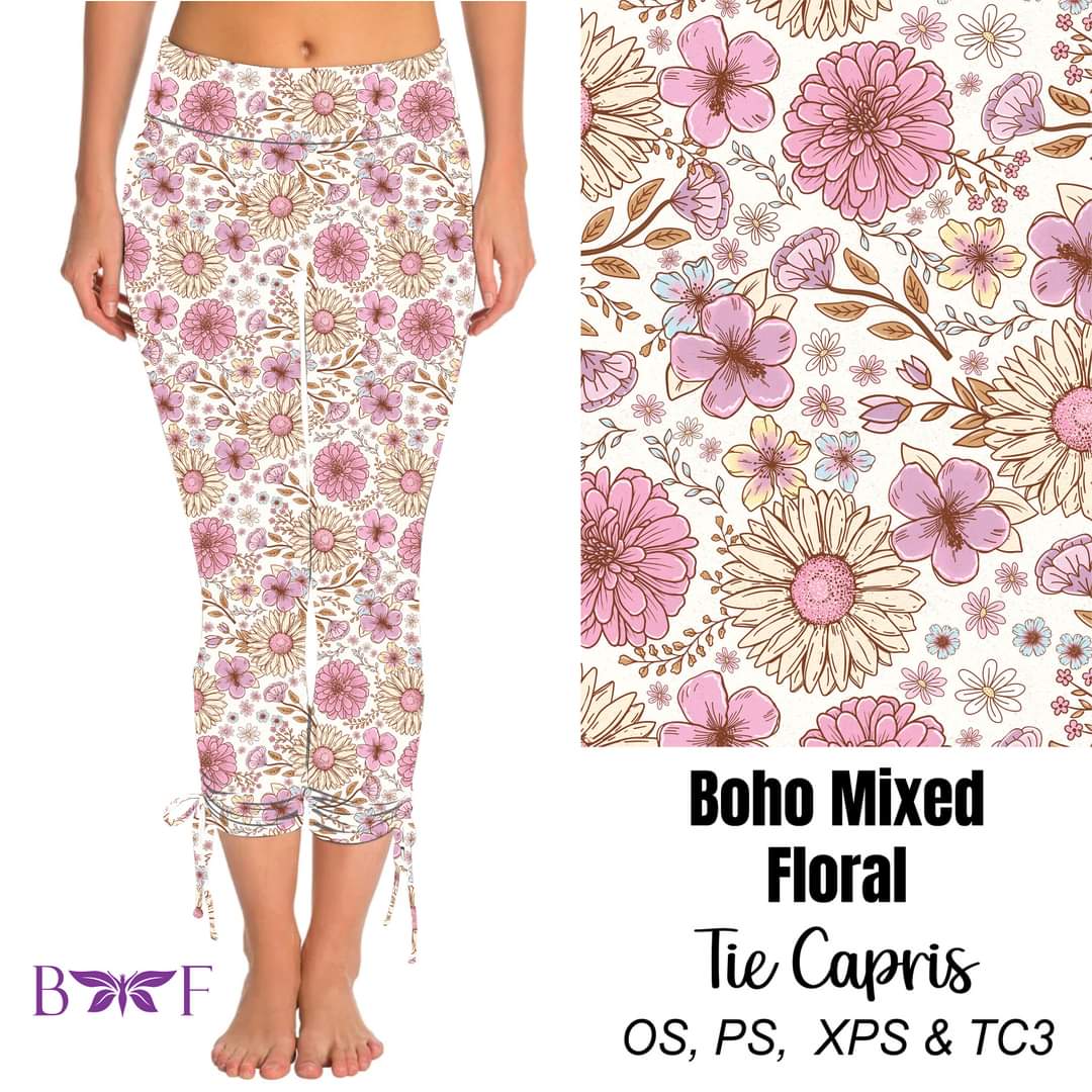 Boho Mixed Floral side tie capris with pockets