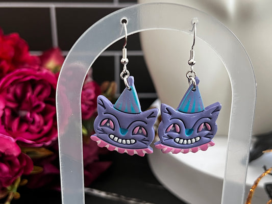 Retro Clown Cat Spooky Hook Earrings- Purple