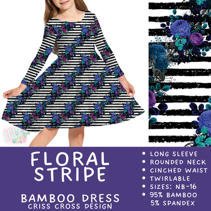 Ready to Ship - Floral Stripe Long Sleeve Criss-Cross Bamboo Dress - 4, 6 & 8