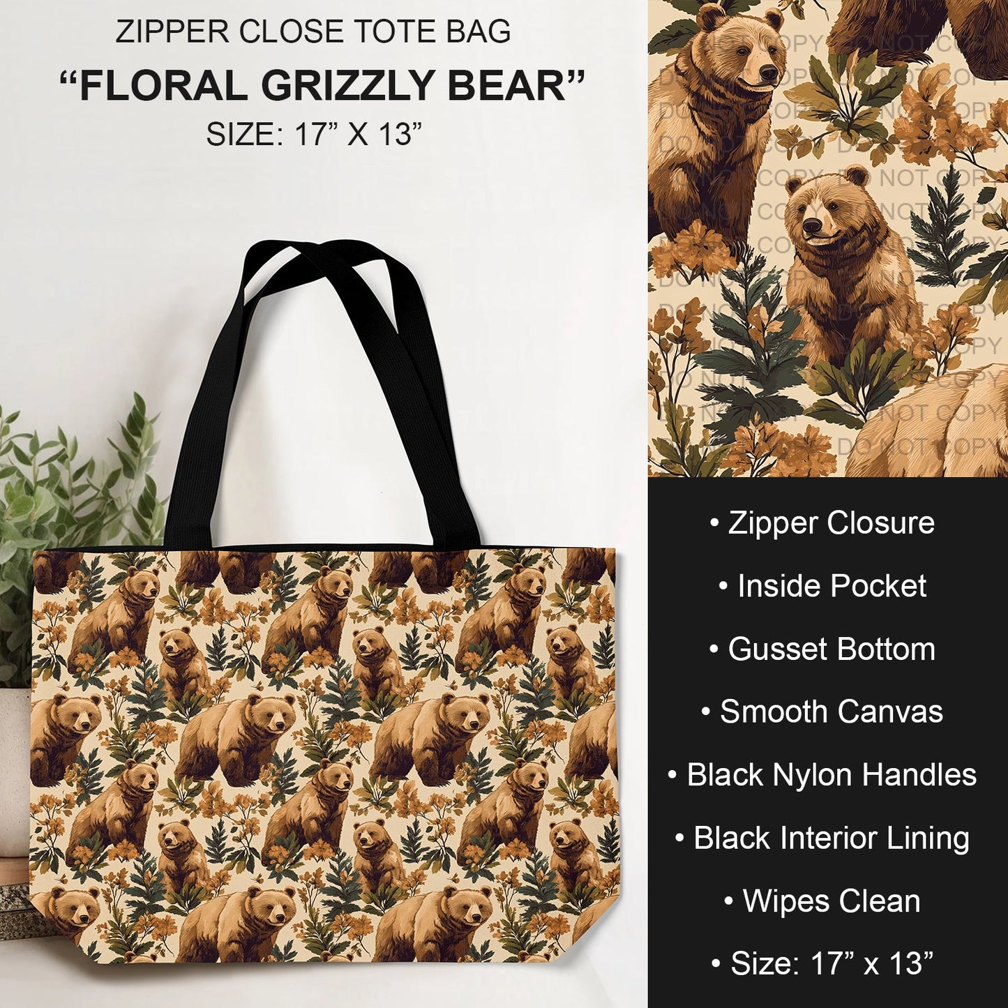 B232 - Preorder Floral Grizzly Bear Tote Bag (Closes 6/04. ETA: late July)