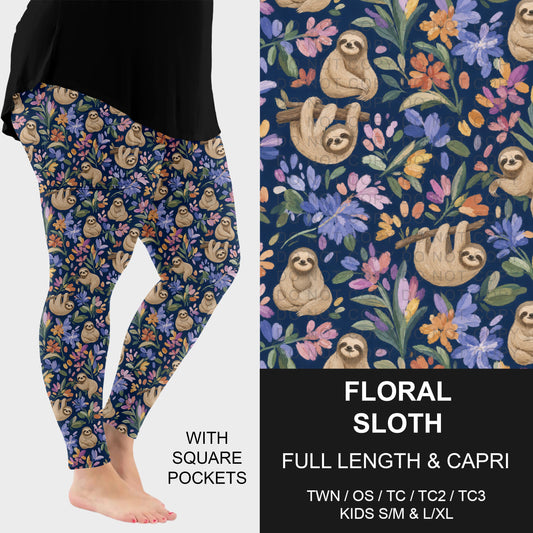 B317 - Preorder Floral Sloth Leggings w/ Pockets (Closes 10/18. ETA: late Dec.)