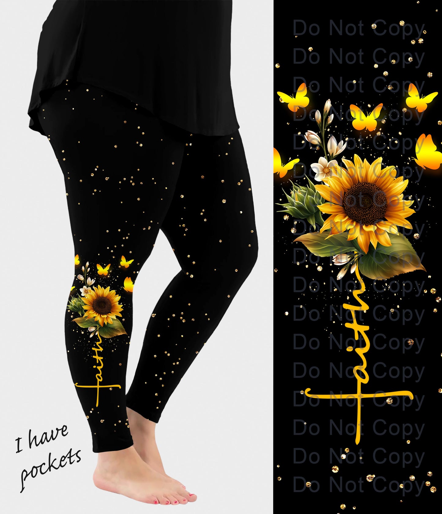 RTS - Faith Sunflower Side Design Leggings w/ Pockets