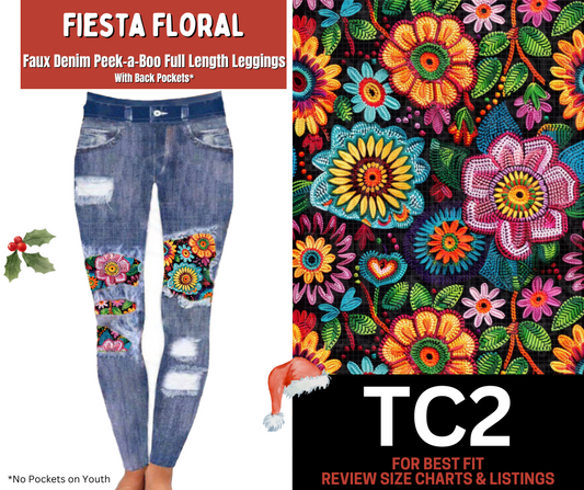 Fiesta Floral Faux Denim Full Length Peekaboo Leggings