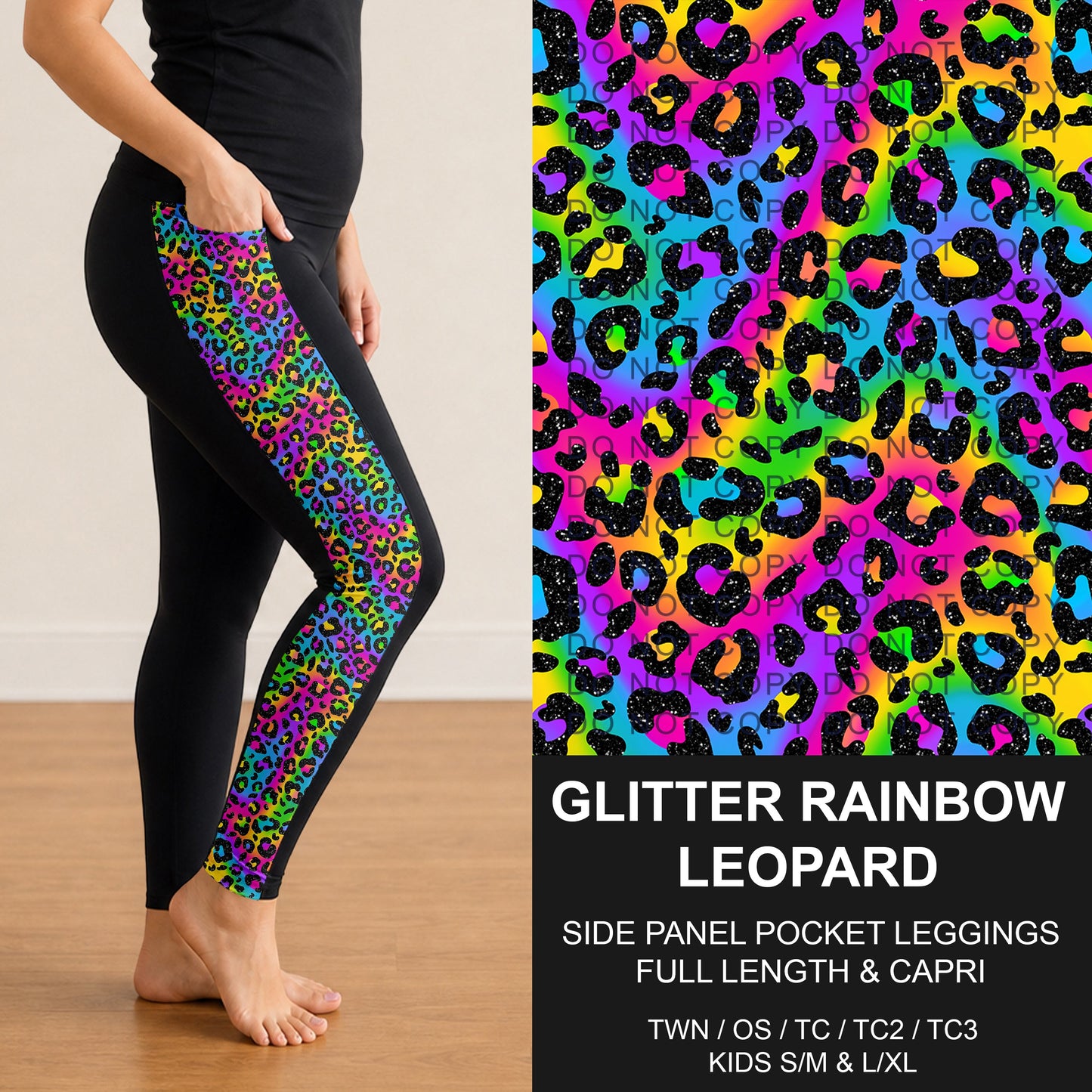 B300 - Preorder Glitter Rainbow Leopard Side Panel Pocket Leggings (Closes 7/15. ETA: mid Sept.)