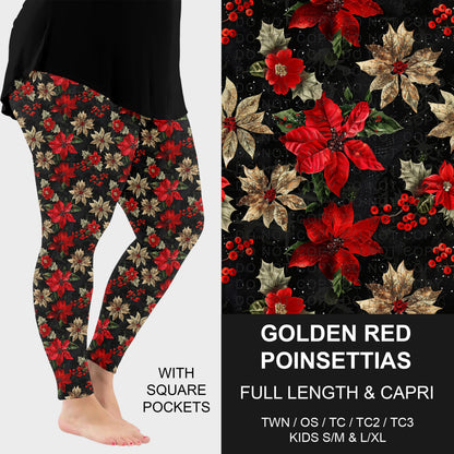 B303 - Preorder Golden Red Poinsettias Leggings w/ Pockets (Closes 7/26. ETA: early Oct.)