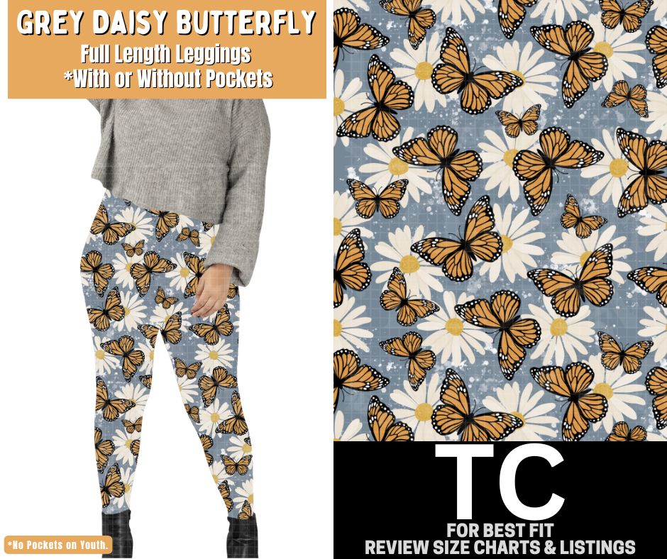 Grey Daisy Butterfly Full Length Leggings w/ Pockets