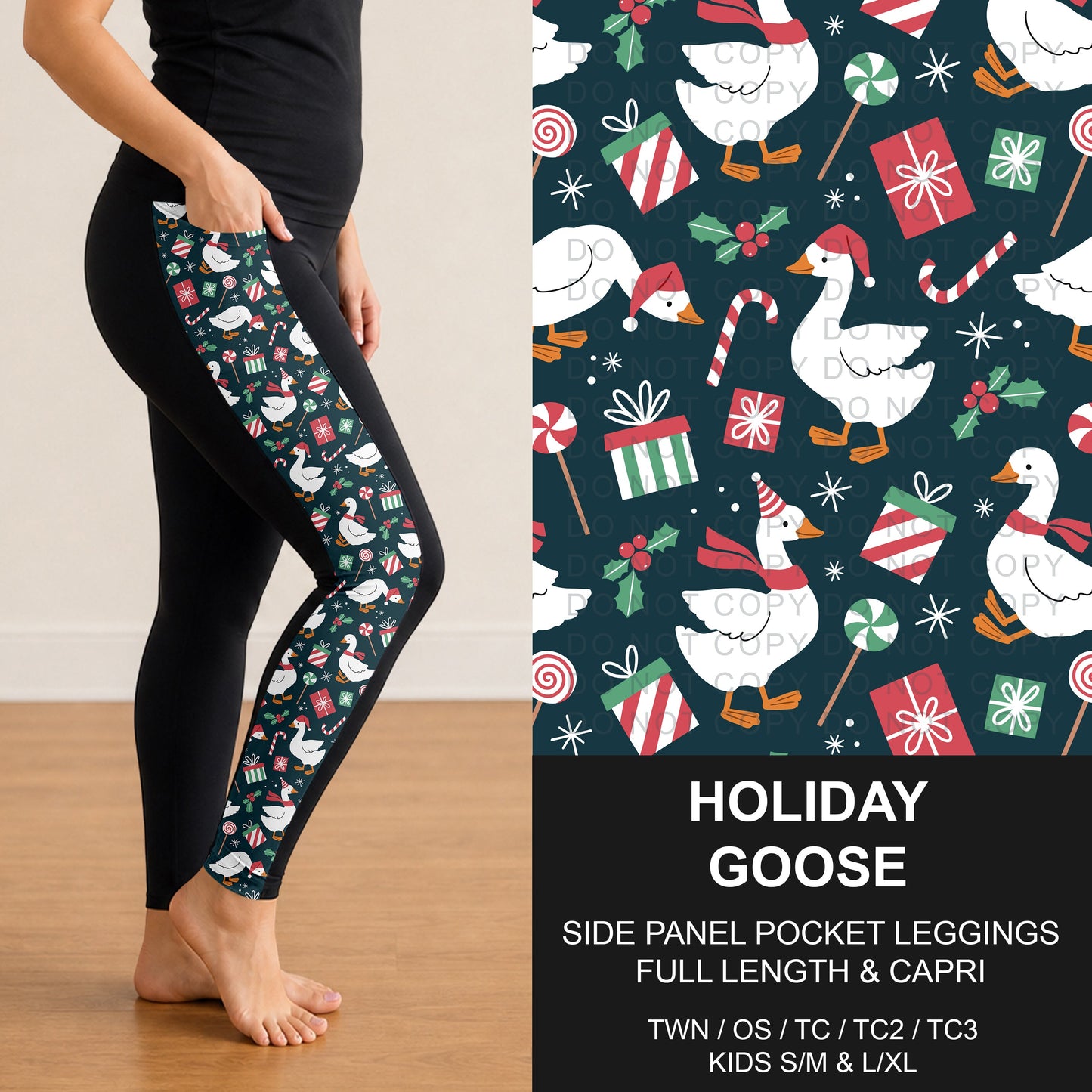 B312 - Preorder Holiday Goose Side Panel Pocket Leggings (Closes 9/13. ETA: mid Nov.)