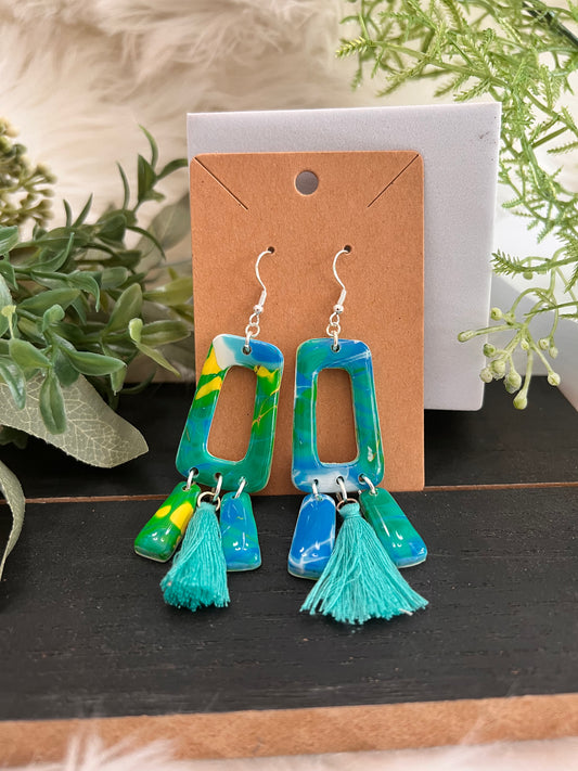 Mokume Gane Tassle  Hook Earrings- Ocean- Color Way 4